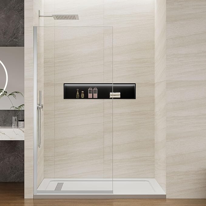 Shower Screen 36" x 76" Half Frameless Shower Wall Panel, Tempered Glass 3/8 inch, Easy to clean Coating, Fixed Glass Shower Door with Hardware (Brushed)