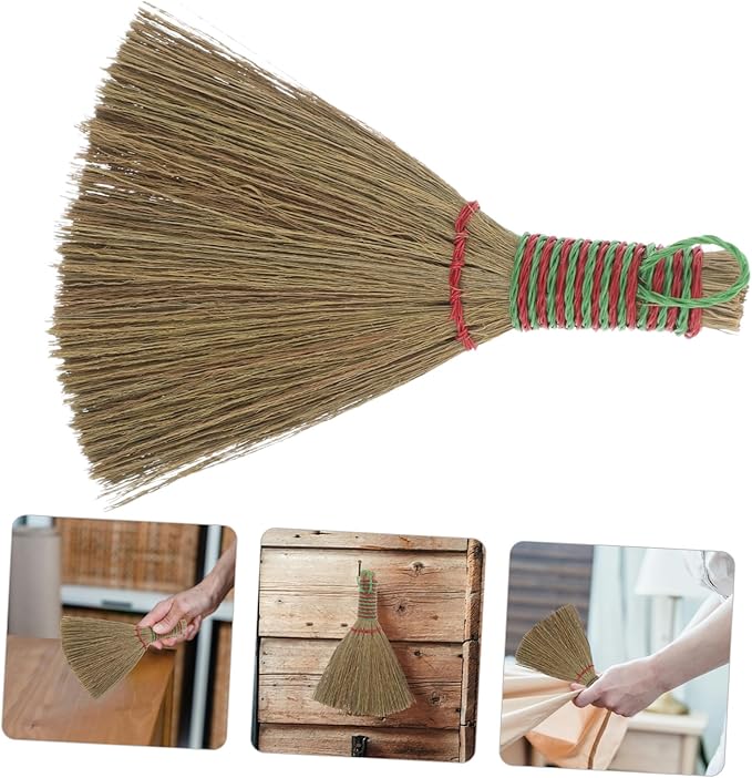 Healifty Natural Miscanthus Mini Broom with Handle Dense Bristles for Dust and Debris Removal Lightweight Portable Household Sweeper for Carpets Beds Floors and Furniture Cleaning