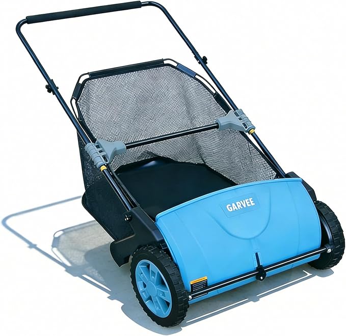 Manual Push Lawn Sweeper 21-Inch, Yard Leaf & Debris Collector with 3.5 Cu. Ft. Collection Bag, Adjustable Brush Height for Lawns & Driveways, Foldable Storage Design