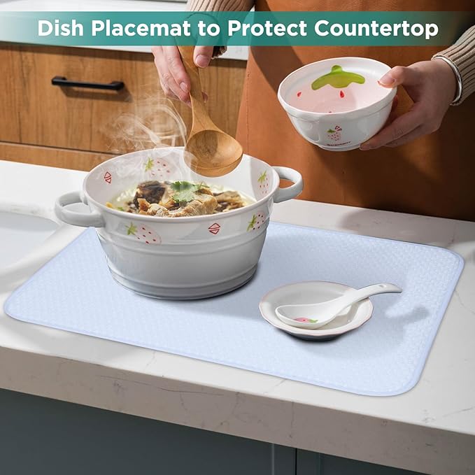 12 * 16 inch Microfiber Dish Drying Mat, Superb Absorbent Kitchen Dish Drying Pad, Reversible Drainboard for Countertop, Blue