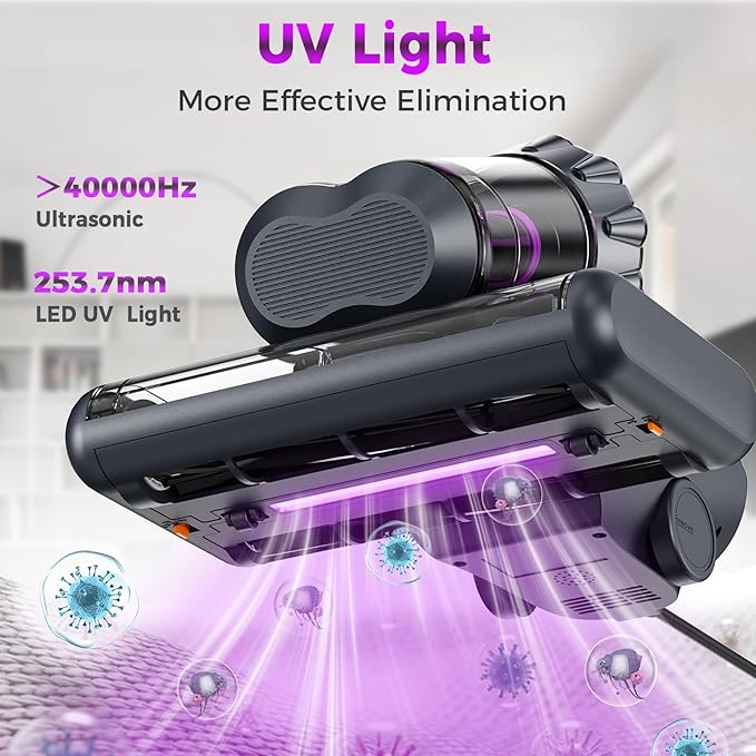 winterbear Mattress Vacuum Cleaner, 17Kpa Suction 500W High Power Handheld Roller-Type Bed Vacuum Cleaner with U-V-C Light & High Heating & Ultrasonic Tech, 2 * 30000Rpm Brush Rolls, Corded(Black)