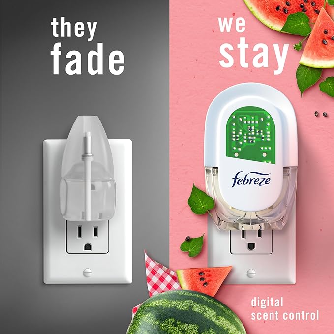 Febreze Odor-Fighting Fade Defy PLUG Air Freshener, Southern Lilac Mornings, Sweet Watermelon Vine, (2 of Each), .79 fl. oz. Oil Refill, 4 Count (Pack of 2)