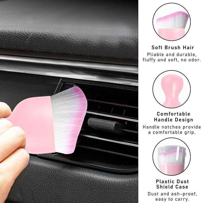 2PCS Car Interior Dust Brush, Soft Scratch Free Auto Detailing Brushes, Universal Vehicle Interior Cleaning Tool for Automotive Dashboard, Air Vents, Leather (Pink & Pink)