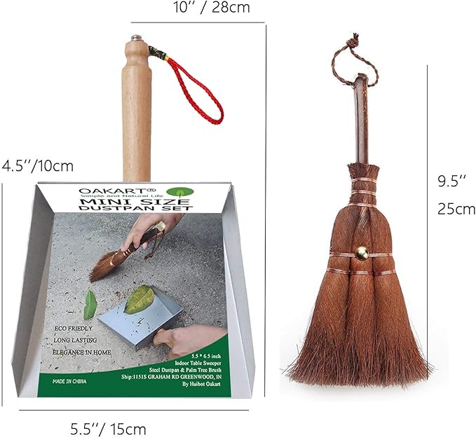 Mini Metal Dustpan and Brush Set Natural Bristle Hand Broom for Fireplace Woodstove