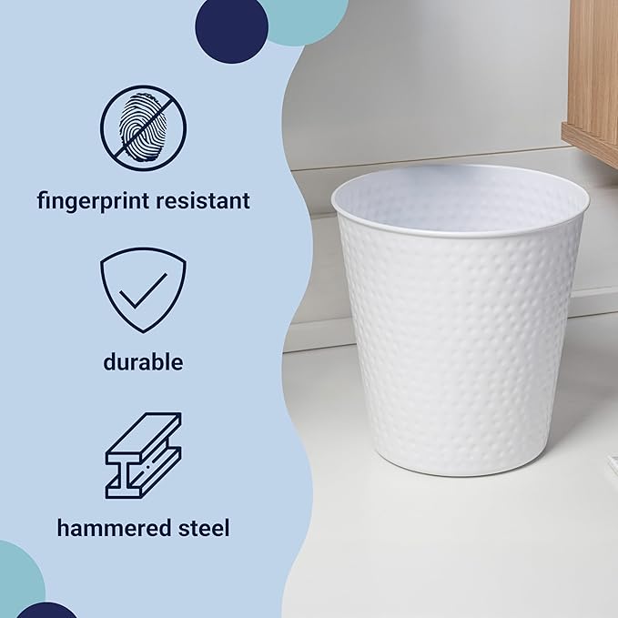 happimess HPM1110D Axel Modern Minimalist Hammered Steel 2-Gallon Wastebasket for Home, Bathroom, Living Room, Office, Bedroom, Kitchen, Matte White