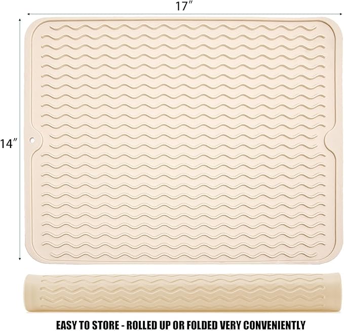 Large 17" x 14" Silicone Dish Drying Mat for Kitchen Counter, Easy clean, Quick Dry, Heat-resistant Dish Drainer Mat for Sink,Refrigerator or Drawer liner (Food Grade Silicone-Beige)