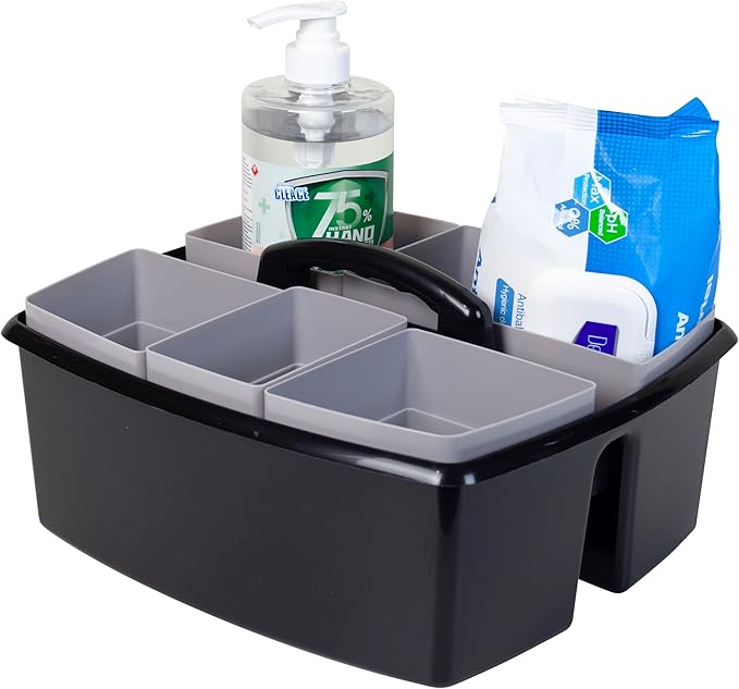 Storex 2-Compartment Large Cleaning Caddy – Multipurpose Supply Organizer with Handle, Black, 1-Pack (00973C06C)