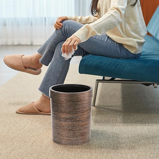 3 Pack Vintage Small Trash Can, 1.7 Gallon Plastic Round Wastebasket, Hipsteen Retro Style Garbage Can, Wood Grain Garbage Bin with Top Ring to Fix Bag for Home Kitchen Office Bathroom