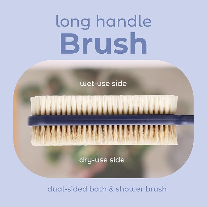 MainBasics Back Scrubber for Shower – Long Handle Dual-Sided Brush for Body Wash & Scrubbing with Exfoliating & Soft Bristles (Ultramarine, Plastic)