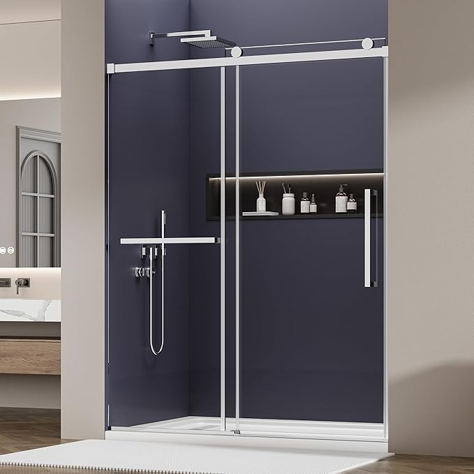 Frameless Sliding Shower Door 56–60" W x 76" H, 5/16" Tempered Glass with Dual-Sided Easy to Clean Coating, Shower Glass Door with SUS304 Stainless Steel Hardware & 20" Towel Rack, Bright Chrome