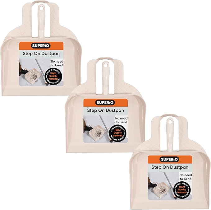 Superio Heavy Duty Plastic Step-on Dustpan with Comfort Grip Handle White, Durable, Lightweight Multi Surface Dust Pan Easy Broom Sweeping, 10-inch Wide, 3-Pack