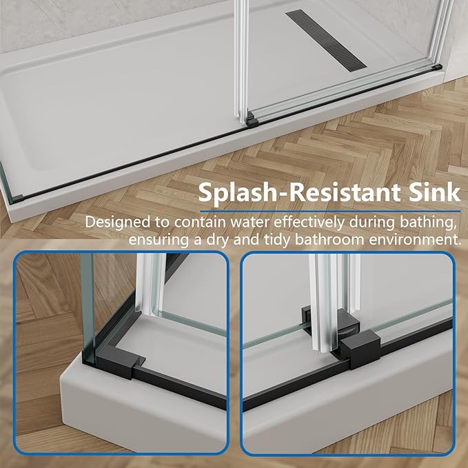 60x76 in Frameless Double Sliding Shower Door with 32x76 in Side Panel, Nano Glass, 304 Stainless Steel in Matte Black, L-Shape Design, Reversible Install