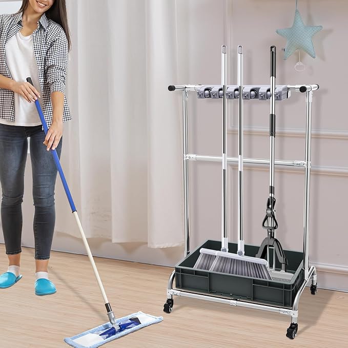 Garden Tool Organizer, 10 Slots with Hooks, Movable Floor-Mounted Mop Rack Floor Standing Cleaning Tool Cart Storage for Garage Organization and Storage, Hold Long-Handled Tool/Rake/Broom (Style 2)