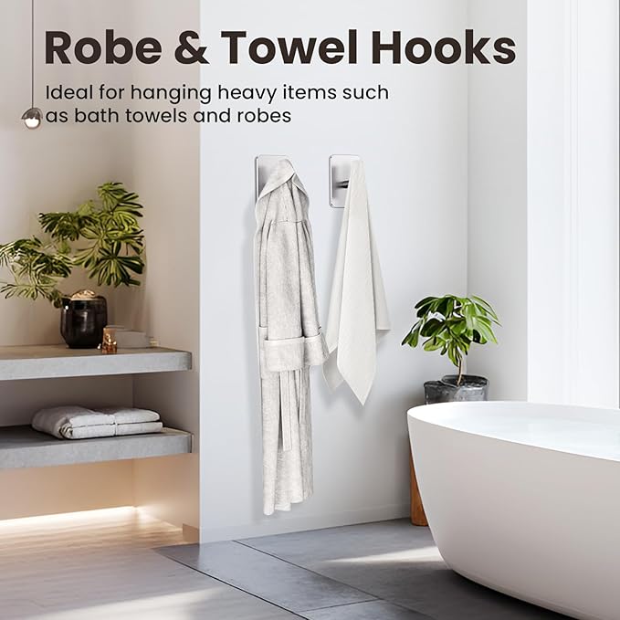 Silver Hooks for Hanging Heavy Duty, Wall Hooks for Shower, Bathroom, Towel, Coat, Robe, Waterproof & Rustproof Adhesive Hooks, Sticky Towel Hooks for Walls No Damage- 2 Pack