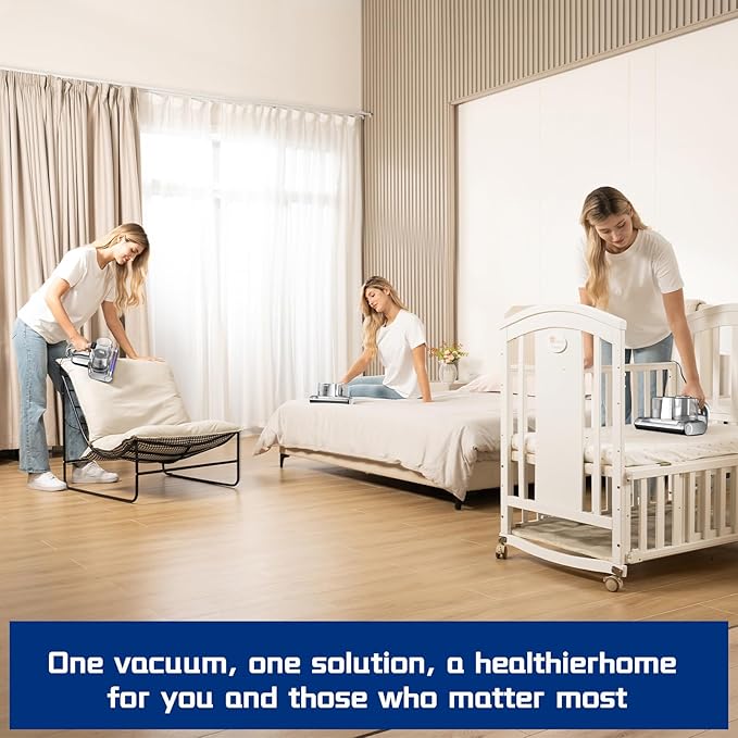 Bed Vacuum Cleaner 5 in 1 with Mattress Vacuum 16Kpa Suction 253.7nm UV-C Light, HEPA Filtration, Ultrasonic, Heating, 30000Rpm/Min Brushroll Rotation, Replacement Filter Included, 500W, Corded