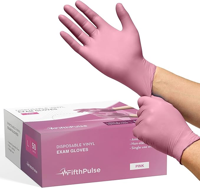 FifthPulse Pink Vinyl Disposable Gloves - Powder and Latex Free Medical Exam Gloves