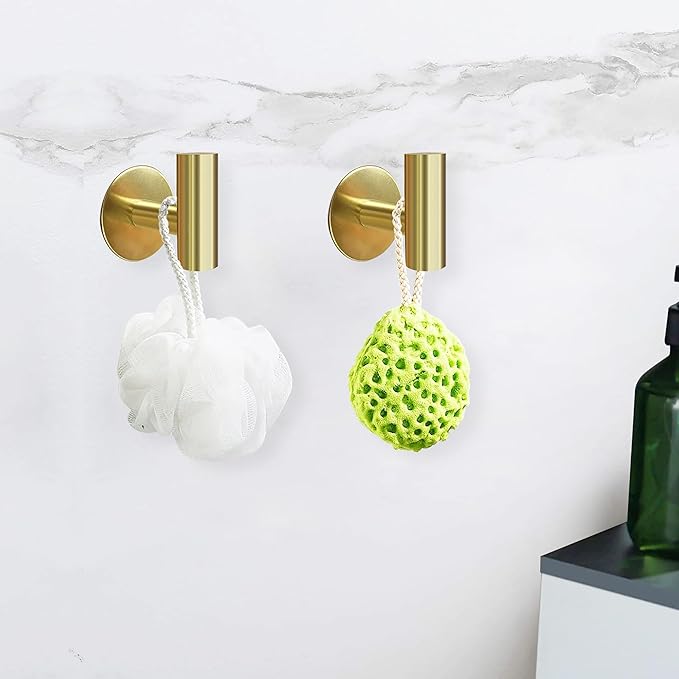 Adhesive Towel Hooks, Brushed Gold SUS 304 Stainless Steel, Coat Robe Sticky Hooks for Bathroom Wall Stick On (Brushed Gold, 4 Pcs)