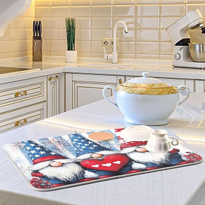 Three Cute Gnomes Pattern Dish Drying Mat for Kitchen Counter Super Absorbent Drying Mat 18x24 inch Large Dish Drying Matts for Countertop Protector Dishes Pad