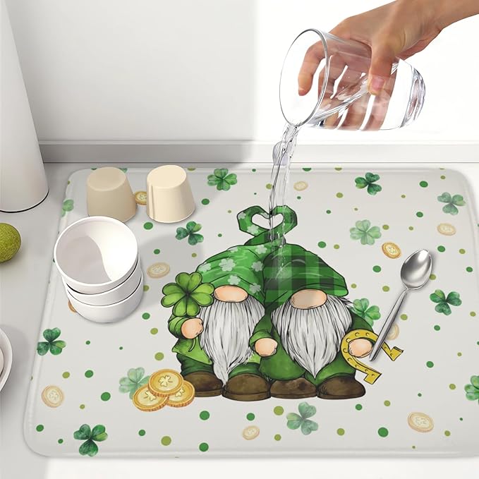 St Patrick's Day Gnome Dish Drying Mat for Kitchen Counter,Inch Lucky Shamrock Gold Coin Drying Mat 18 x 24 Inch with Absorbent Reversible Microfiber Dish Drying Pad for Coffee Bar