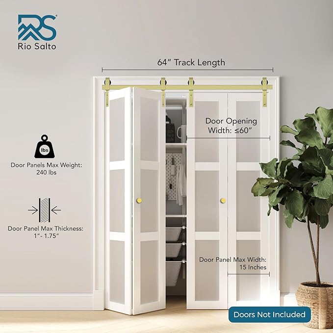 Rio Salto Gold Bifold Sliding Barn Door Hardware Kit Heavy Duty Metal Track System with Matching Knobs Gold Bi-Fold Barn Door Bifold Closet Panel, Bi-Folding 64" Track for 4 Doors, 4 Rollers No Door