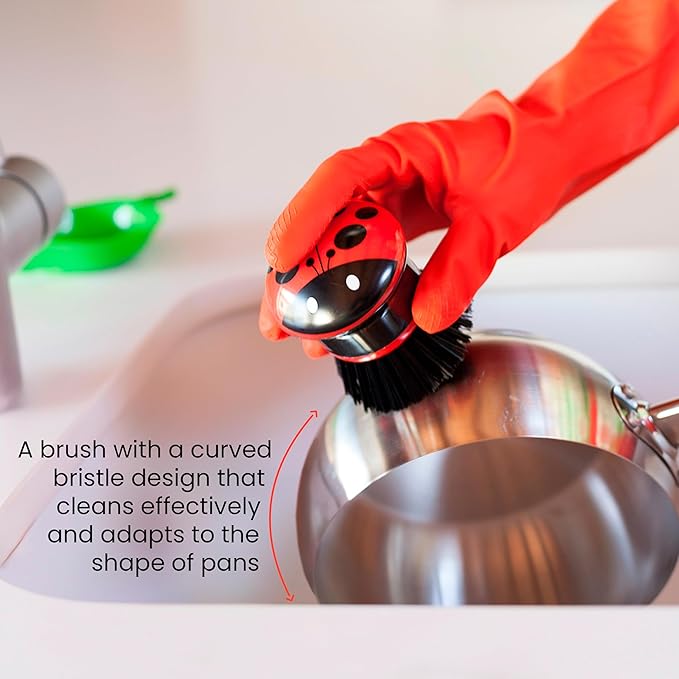 Vigar Ladybug Palm Dish Scrub Brush with Holder, Perfect Kitchen Brushes for Dishes, Sink Brush and Cleaning Brushes for Household Use, Red, Green