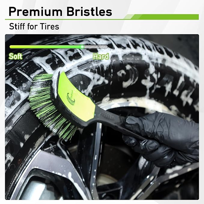 Non-Scratch 2-Pack Car Wheel Tire Cleaning Brush Kit:Soft &Stiff Bristle Detailing Brush with Ergonomic Rubber Short Handle for Deep Cleaning Car Tire Rims, Fenders or Carpet(Black Green)