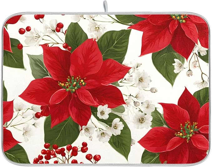 Red Poinsettias with Holly Dish Drying Mat for Kitchen Counter Super Absorbent Drying Mat 16x18 inch Large Dish Drying Matts for Countertop Protector Dishes Pad