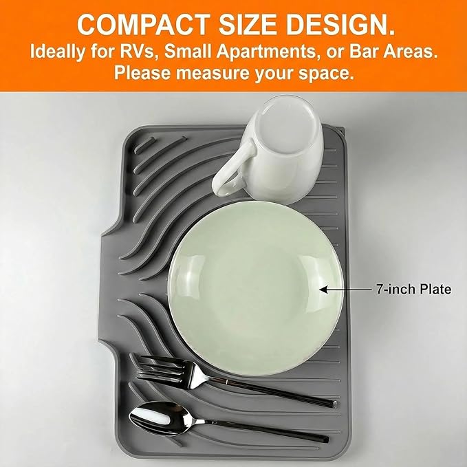 Compact Dish Drying Mat (14.7" x 10.2") - Small Silicone Drainer Mat with Spout for RV, Apartment, Kitchenette & Bar Counters, Heat Resistant