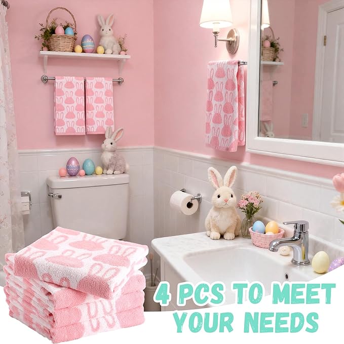 Frienda 4 Pcs Easter Hand Towels for Bathroom 13 x 29'' Soft 100% Cotton Pink and White Bunny Decorative Towel Absorbent Pink Rabbit Bathroom Decor for Drying Cleaning Cooking Gift Easter Decor