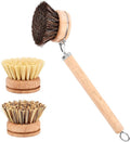 Bamboo Dish Brush with Handle, Wooden Handle with 3 Natural Bristle Heads, Natural Wood Dish Scrub Brush for Washing and Cleaning Pots and Pans