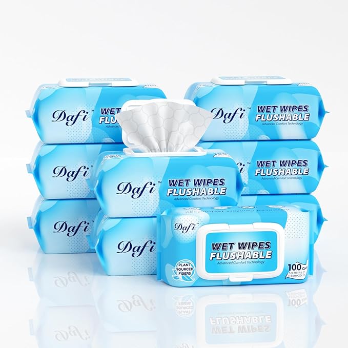 DAFI Flushable Wipes for Adult Wet Wipes, Total 900 Unscented Toilet Wipes Flushable, No Alcohol & 100% Plant Based Fibers, Septic and Sewer Safe Pack of 9