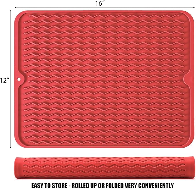 Silicone Dish Drying Mat, Non-Slip Easy Clean Sink Mat Large Heat-resistant Dish Drainer Mat for Kitchen Counter, Sink, Refrigerator or Drawer liner (16" x 12", RED)