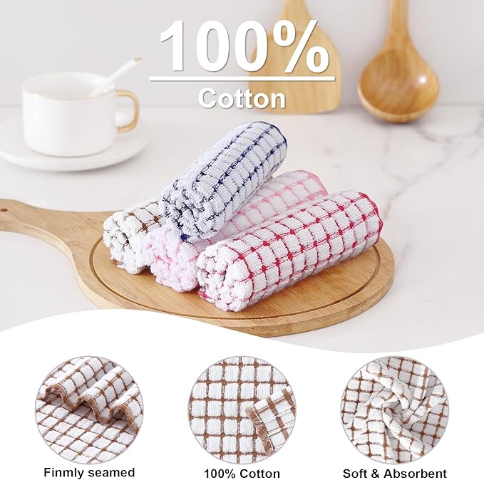 Kitinjoy Cotton 12 Pack Terry Kitchen Dish Cloths, 12 x 12 Inches Super Soft and Absorbent Dish Rags, Quick Drying Dish Towels for Washing Dishes, Brown