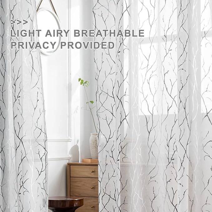 FINECITY Silver White Sheer Curtains 108 Inches Long 2 Panels Metallic Silver Foil Branches Tree Pattern Sheer Curtains for Living Room Rod Pocket Privacy Sheer Window Curtains, 52 x 108 Inch