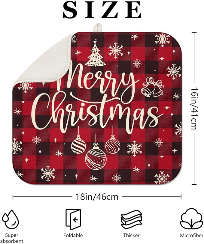 Christmas Kitchen Countertop Dish Drying Mat, Red Christmas Buffalo Plaid Pattern Microfiber Kitchen Drying Mat, Washable Absorbent Countertop Xmas Winter Holiday Dish Mat Drainer,16x18 Inch