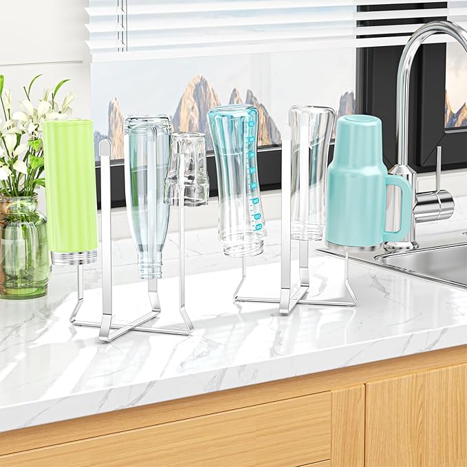 Bottle Drying Rack Reusable Drying Rack for Bottles Metal Foldable Water Bottle Dryer Holder Space Saving Cups Dryer Racks Kitchen Stand Holder for Plastic Bags, Bottles and Cups (Silver, 2PCS)