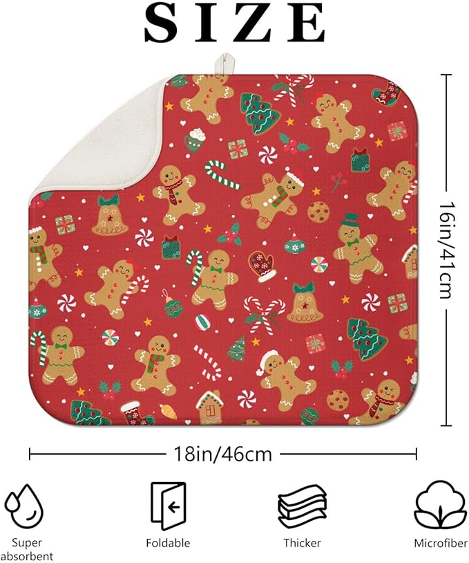Christmas Kitchen Countertop Dish Drying Mat, Red Christmas Gingerbread Man Snowflake Pattern Microfiber Kitchen Drying Mat,Washable Absorbent Countertop Xmas Winter Holiday Dish Mat Drainer,16x18In