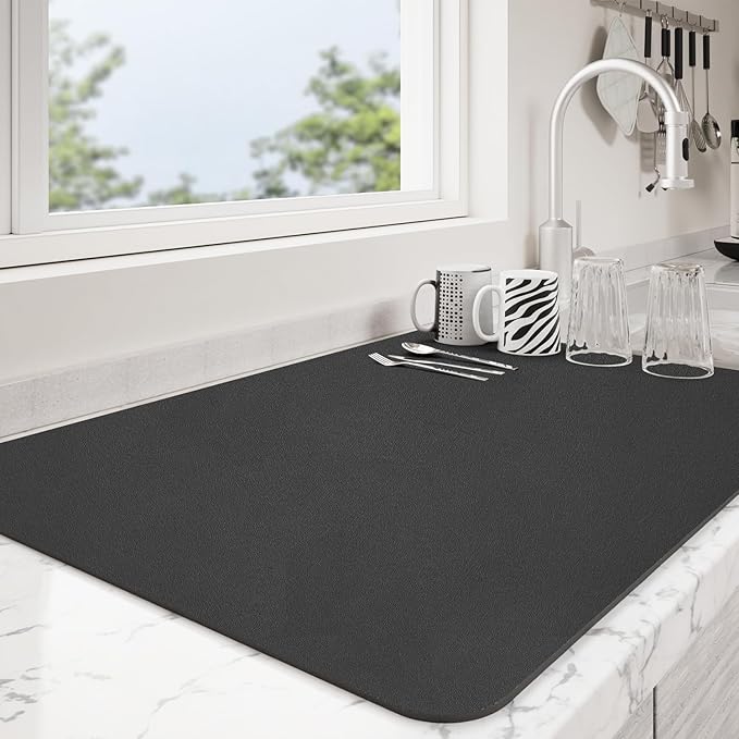 Dish Drying Mat for Kitchen Counter | Coffee Bar Mat for Countertops | Heat Resistant Drainer Mat with Non-slip Rubber Backed | Hide Stain Kitchen Absorbent Draining Mat | Black 18"x32"