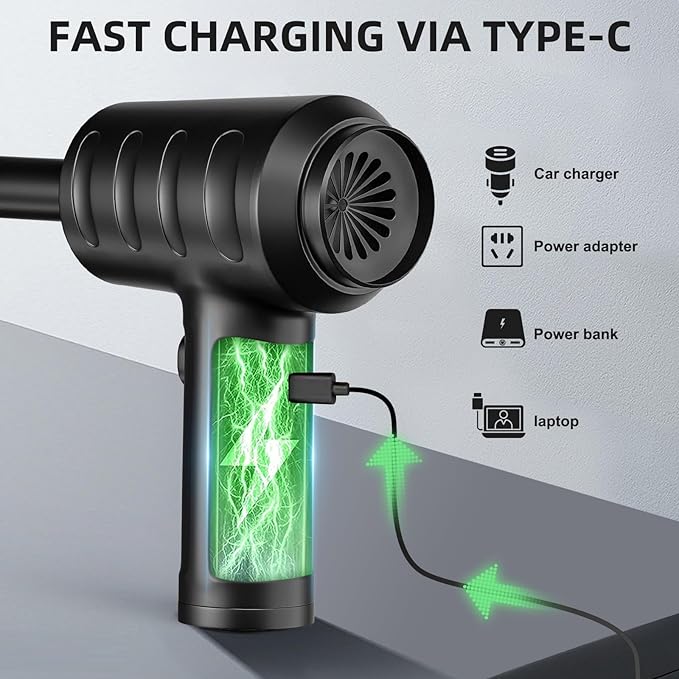 Compressed Air Duster - 51,000 RPM, 3 Adjustable Gears, 5 Nozzle Attachments, Type-C USB Rechargeable Air Blower for Electronics, Keyboards, and Dust Cleaning