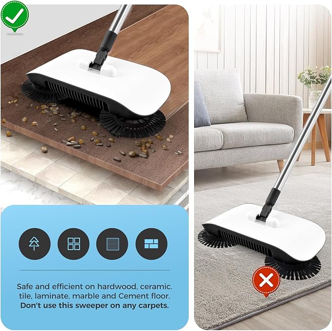 Manual Floor Sweeper Black - 7 Replacement Parts, Dry Wet Pickup for Hardwood Tile Marble, Pet Hair Small Debris Cleaner, No Power Needed, Home Office Use