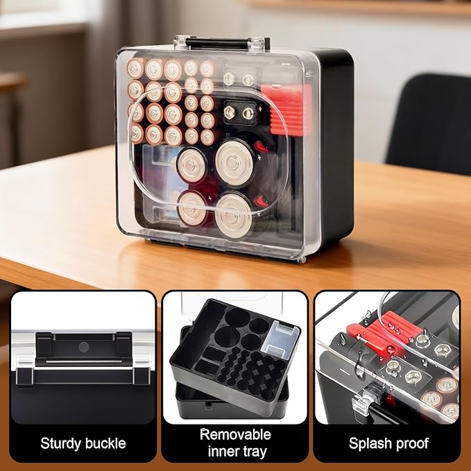 FULLCASE Plastic Battery Organizer with Tester, Battery Storage Case for AA AAA C D 9V Batteries, Portable Battery Holder Box for Home, Travel & Emergency Kits(Case Only) Black