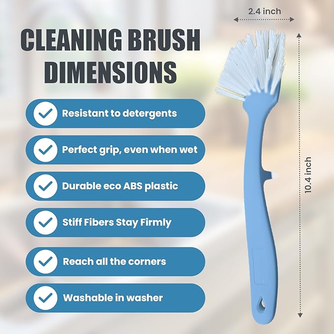 Dish Brush with Handle – 2 Pack - Comfortable Grip and Stiff Bristles Dish Scrubber Brush with Built-in Scraper Kitchen Scrub Brushes for Cleaning Dishes, Pots, Pans, Sink, Stove - White and Blue