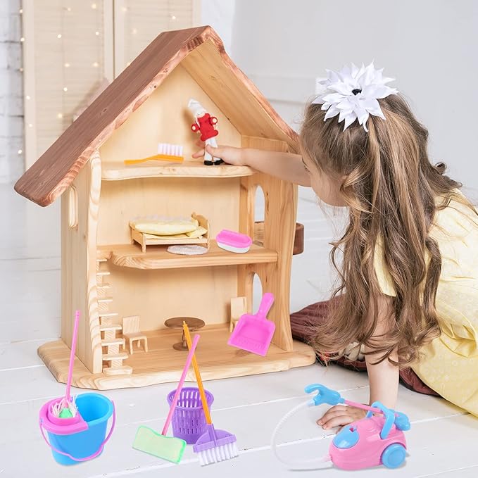 9 Pcs Miniature Dollhouse Cleaning Supplies Mini Bucket Mop Dust Pan Brush Broom Mini Housework Cute Cleaning Supplies Tools Miniature Furniture Dollhouse Decoration Accessories