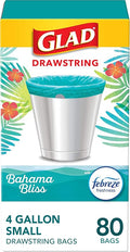 Glad Small Trash Bags 4 Gallon, Febreze Bahama Bliss Garbage Bags, Odor Resistant with Drawstring, 80 Count