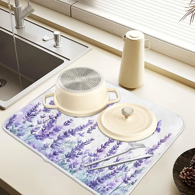 Purple Lavender Spring Summer Flower Floral Dish Drying Mat for Kitchen Counter Absorbent Microfiber Small Drying Pad Dish mats for Kitchen Countertops 16 x 18 Inch