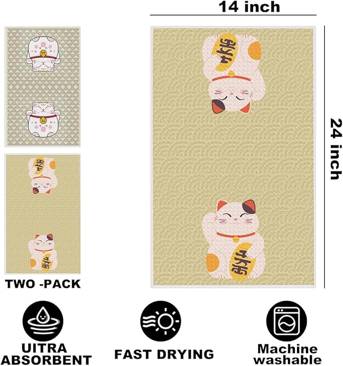 2 Pcs Japanese Lucky Cat Kitchen Towels 24x14 Inch, Maneki Neko Gifts Reusable Dish Towels for Kitchen Bathroom Decor, Waffle Weave Hand Cloth Tea Towel, Cute Cat Gifts for Women Mom Friend