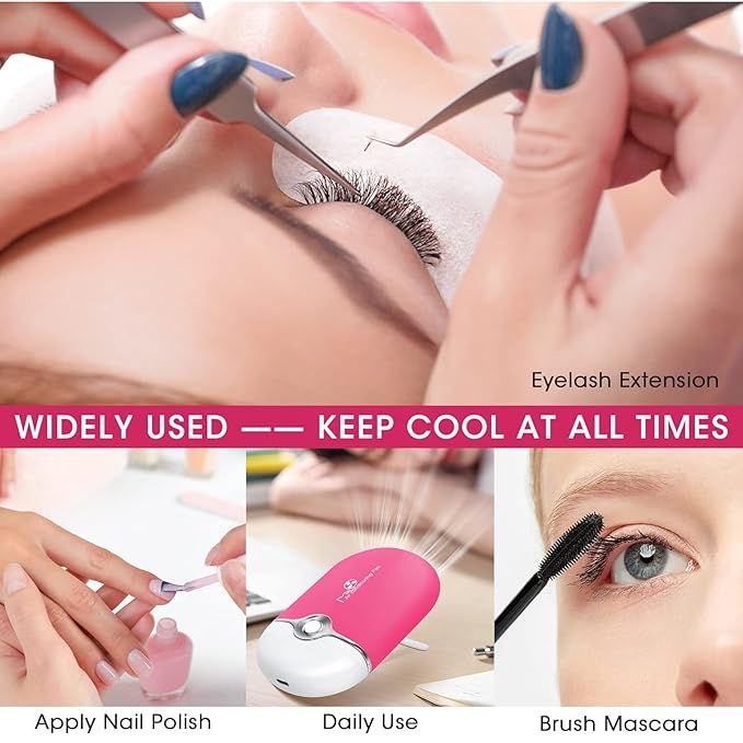 Lash Eyelash Fan Kit - Mini Portable Fans with 50 Lash Shampoo Brush, 3 Nose Blackhead Facial Cleaning Brush, 1 Plastic Wash Bottle (ROSE)
