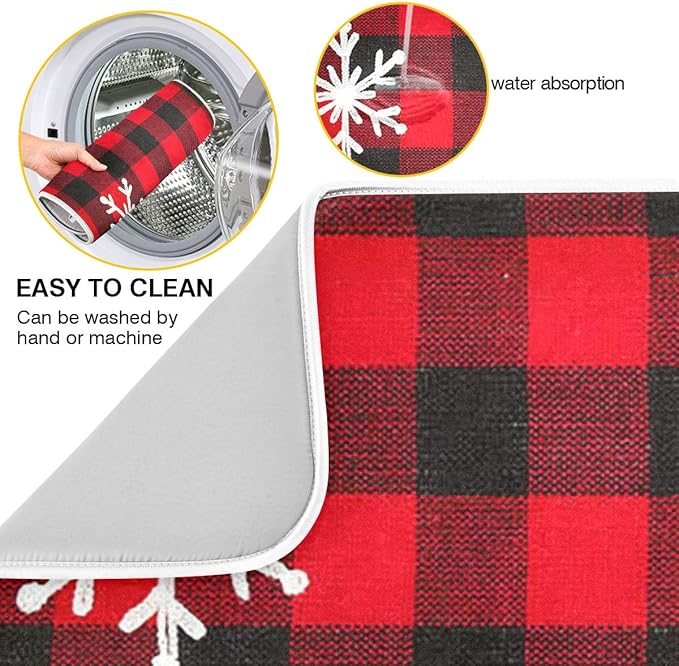 Christmas Red Plaid Snow Snowflake Dish Drying Mat 18x24 inch Red Black Lattice Texture Dish Drainer Kitchen Counter Mats Bottles Dish Dry Pad Protector for Kitchen Countertops