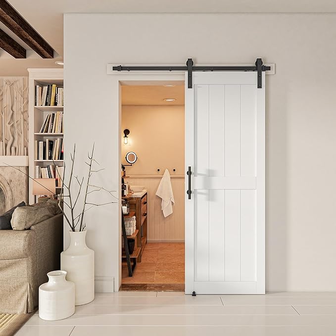 28''x84'' Sliding Barn Door with 5 Ft Barn Door Hardware Kit& Handle& Floor Guides,Pre-Drilled Holes Easy Assembly - Include Installation Manual, Water-Proof PVC Surface, H-Frame, White