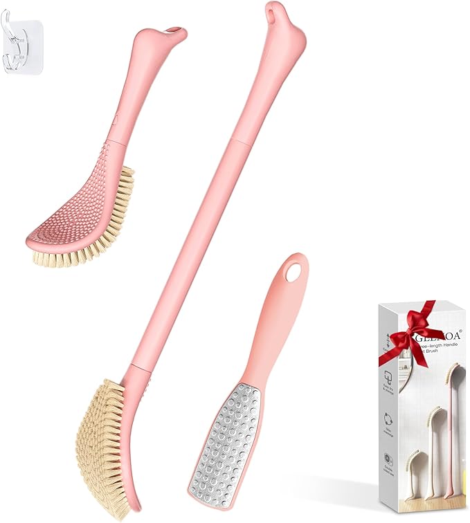 New Foot Brush & Foot File Set(2PCS), 3-in-1 Foot Scrubber in Shower, 10.2’’-27.5’’Adjustable Long Handle Foot Scrub Brush and Upgrade Foot File Callus Remover, Gift-Box Packed(Pink Set)